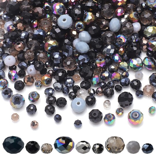 1000PCS Crystal Faceted Rondelle Beads Set – 3 Sizes (4mm 6mm 8mm) Mixed Glass Spacer Beads for Jewelry Making, Bracelet Necklace DIY Craft Kit with Storage Box (Black)